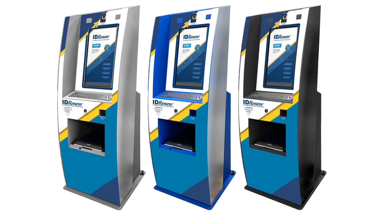 Three ID Renew kiosks with different colors - silver, white and black.