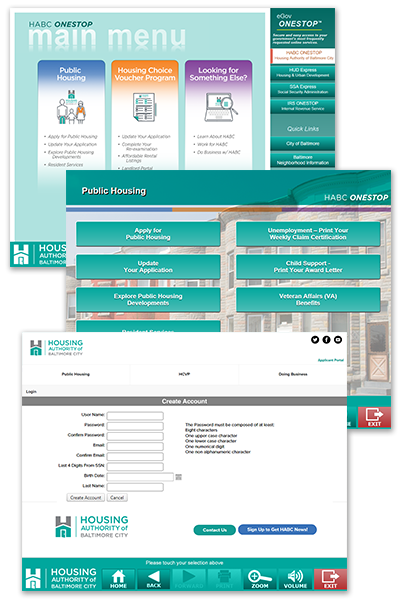 Housing Authority of Baltimore City (HABC) Screenshots: Main Menu, Submenu, and Create Account screens