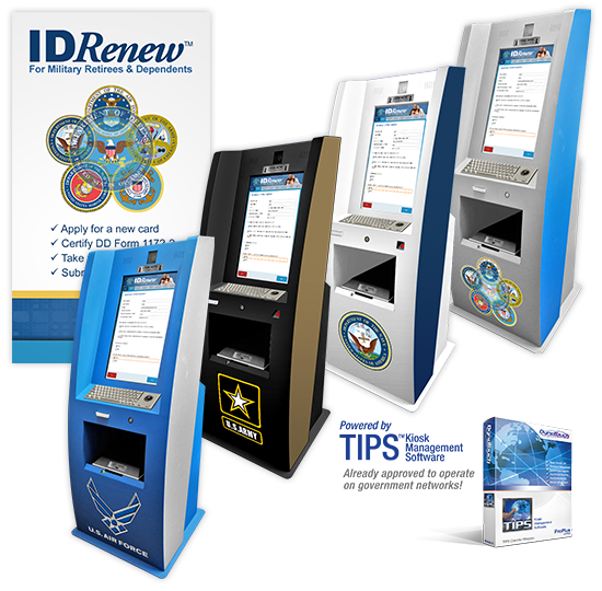 A display of four different kiosk designs for DoD branches: Air Force, Army, Navy, and DoD. Powered by TIPS Kiosk Management Software